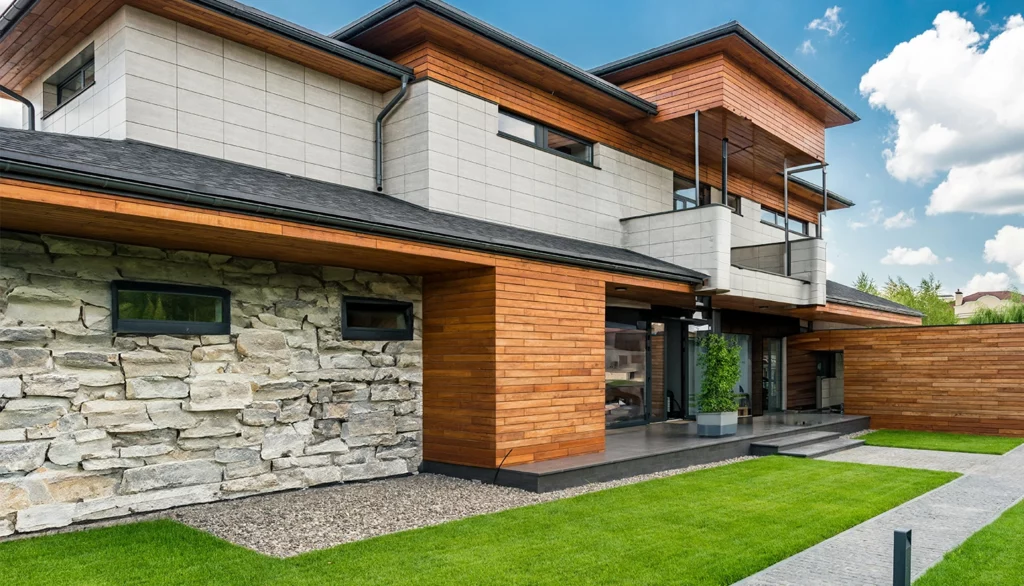 Extérieur maison avec mur en pierre et en bois
